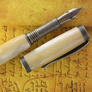 Fountain Pen - Engravable & Handmade Ivory Pearl Acrylic with Antique Silver Art Deco parts - Jowo Stainless Steel Semi Flex Size 6 Nib