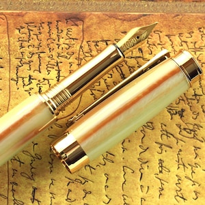 Fountain Pen - Handmade White Jade Acrylic - Bock 23K Gold plated Size 5 Nib