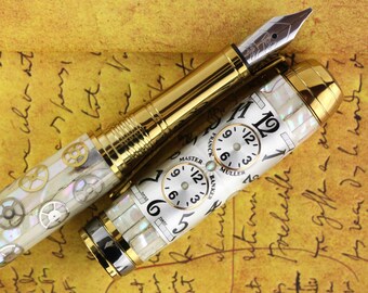 Pluma estilográfica de caligrafía Steampunk - Cuerpo de abulón y piezas de reloj - Punta de caligrafía Bock de 1,1 mm, tamaño 5