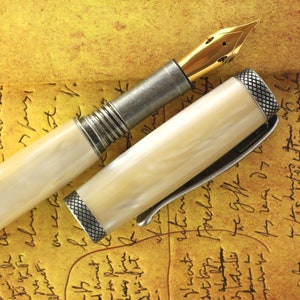 Fountain Pen - Engravable & Handmade Ivory Pearl Acrylic with Antique Silver Art Deco parts  - Jowo Solid Gold 14K Size 6 Flex Nib