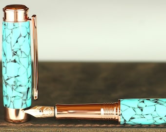 Pluma estilográfica - Granito turquesa hecho a mano y grabable - Bock chapado en oro rosa, plumín tamaño 5