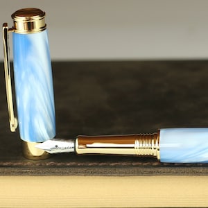 Calligraphy Fountain Pen - Engravable & Handmade Sky Blue Pearl Acrylic - Bock 1.1mm Stainless Steel Size 5 Stub Calligraphy Nib