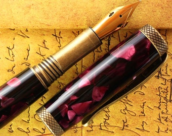 Fountain Pen - Engravable & Handmade Vintage Conway Claret Acrylic with Bronze Art Deco parts  - Jowo 23K Gold Plated Semi Flex Size 6 Nib