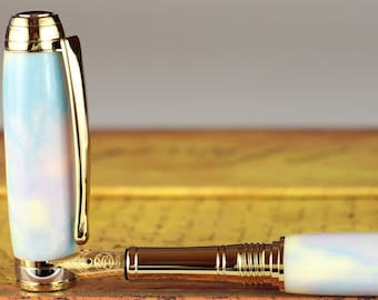 Fountain Pen - Handmade & Engravable Diamond Cast Rainbow Unicorn Poop - Bock 18K Solid Gold Size 5 Nib