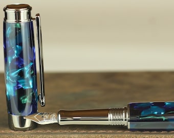 Calligraphy Fountain Pen - Handmade Vintage Mazzucchelli Sogno Zaffiro Body - Bock 1.1mm Stainless Steel Size 5 Stub Calligraphy Nib