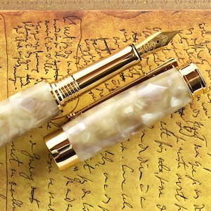 Fountain Pen - Vintage & Engravable Handmade Conway Ivory Opal Acrylic - Bock 18K Solid Gold Size 5 Nib