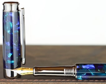 Fountain Pen - Engravable Handmade Italian Mazzucchelli Sogno Zaffiro - Beaufort 23k Gold plated Bi-metal Size 5 Nib