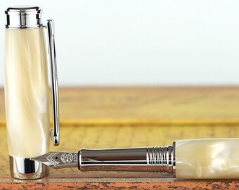 Fountain Pen - Engravable & Handmade Ivory Mother of Pearl Acrylic - Bock Stainless Steel Size 5 Nib