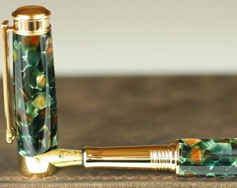 Fountain Pen - Engravable & Handmade Vintage English Conway Pistachio - Bock 23K Gold plated Size 5 Nib
