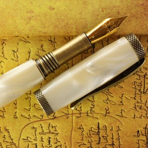 Fountain Pen - Engravable & Handmade Pearl Ivory Acrylic with Bronze Art Deco parts - Jowo Solid Gold Size 6 Nib