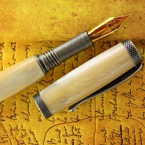 Fountain Pen - Engravable & Handmade Pearl Ivory Acrylic with Silver Art Deco parts - Jowo Solid Gold Size 6 Nib