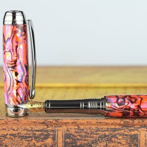 Fountain Pen - Engravable & Handmade Blaze Orange Abalone - Beaufort 23K Gold plated Bi-metal Size 5 Nib