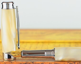 Fountain Pen - Engravable & Handmade Ivory Pearl Acrylic - Beaufort Nib 23K Gold plated Bi-metal Size 5 Nib
