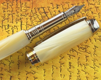 Fountain Pen - Engravable & Handmade Ivory Pearl Acrylic - Bock Stainless Steel Size 5 Nib