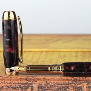 Fountain Pen - Handmade Vintage Dark Rioja Red Conway Body - 23K Gold plated Beaufort Nib - 18 Coat Glass Polish finish