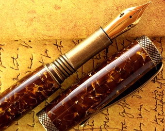 Fountain Pen - Engravable & Handmade Vintage Conway Amber Acrylic with Bronze Art Deco parts  - Jowo 23K Gold Plated Semi Flex Size 6 Nib
