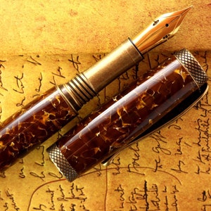 Fountain Pen - Engravable & Handmade Vintage Conway Amber Acrylic with Bronze Art Deco parts  - Jowo 23K Gold Plated Semi Flex Size 6 Nib