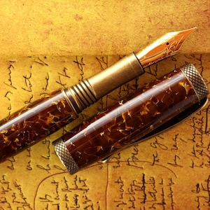 Fountain Pen - Engravable & Handmade Vintage Conway Amber Acrylic with Bronze Art Deco parts - Jowo Solid Gold Size 6 Nib