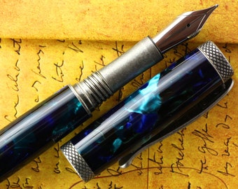 Pluma estilográfica - Sogno Mazzucchelli Ceblox italiana vintage, grabable y hecha a mano, con piezas Art Deco en plata - Plumín Jowo chapado en oro de 23 quilates, tamaño 6