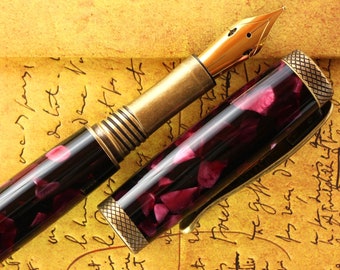 Fountain Pen - Engravable & Handmade Vintage British Conway Claret Acrylic with Bronze Art Deco parts - Jowo 14K Solid Gold Size 6 Flex Nib