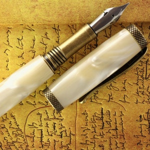 Fountain Pen - Engravable & Handmade Ivory Pearl Acrylic with Antique Bronze Art Deco parts  - Jowo Stainless Steel Semi Flex Size 6 Nib