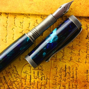 Fountain Pen - Engravable & Handmade Vintage Italian Mazzucchelli Sogno Zaffiro Ceblox - Jowo Stainless Steel Semi Flex Size 6 Nib