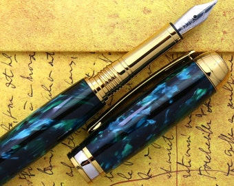 Calligraphy Fountain Pen - Engravable Vintage Italian Mazzucchelli Poseidon Ceblox - Bock 1.1mm Stainless Steel Size 5 Stub Calligraphy Nib