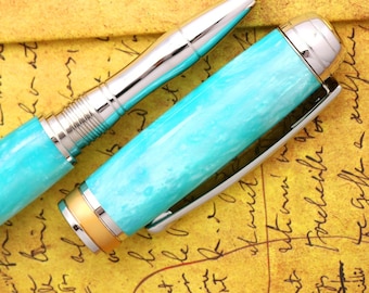 Fountain Pen - Handmade & Engravable Turquoise Blue Pearl - 18K Solid Gold Size 5 Bock Nib