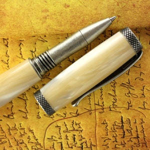 Rollerball Pen - Engravable & Handmade Ivory Pearl Acrylic with Antique Silver Art Deco parts