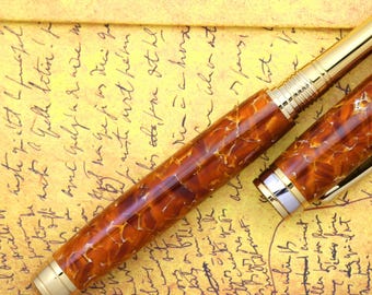 Fountain Pen - Handmade & Engravable Vintage Conway Amber Body - Beaufort 23K Gold Plated Size 5 Nib