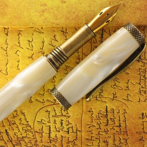 Fountain Pen - Engravable & Handmade Ivory Pearl Acrylic with Antique Bronze Art Deco parts  - Jowo Solid Gold 14K Size 6 Flex Nib