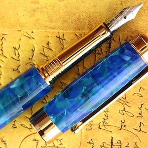 Calligraphy Fountain Pen - Handmade & Engravable Vintage Conway Cerulean Acrylic - Bock 1.1mm Stainless Steel Size 5 Stub Calligraphy Nib
