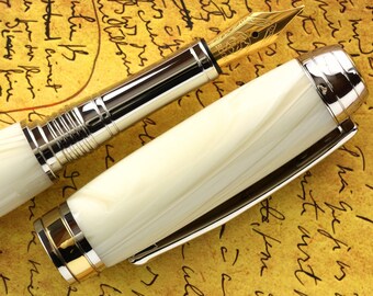 Pluma estilográfica - Vintage italiana Omas marfil mármol acrílico - Bock oro macizo de 18 quilates tamaño 5 plumín