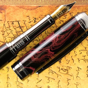 Fountain Pen - Handmade Black & Red Swirl Ebonite Body - Beaufort 23K Gold plated Bi-metal Size 5 Nib
