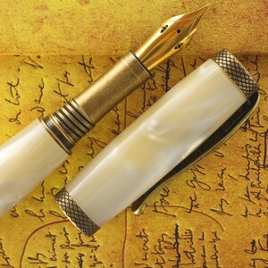 Fountain Pen - Engravable & Handmade Ivory Pearl Acrylic with Antique Bronze Art Deco parts  - Jowo 23K Gold Plated Semi Flex Size 6 Nib