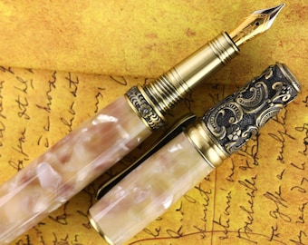 Handmade Victorian Fountain Pen: Conway Opal Acrylic, 23K Gold Nib