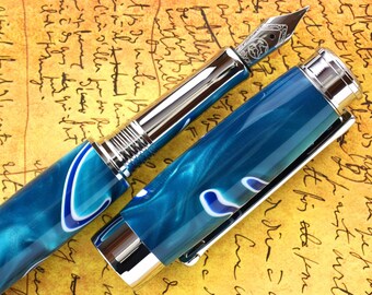 Fountain Pen - Engravable & Handmade Vintage Italian Omas Blue Swirl Aqua Acrylic - Bock Stainless Steel Size 5 Nib