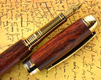 Fountain Pen - Handmade & Engravable Satin Finish Cocobolo Wood - Bock 18K Solid Gold Size 5 Nib