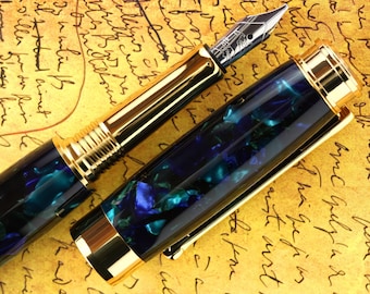 Calligraphy Fountain Pen - Handmade Vintage Mazzucchelli Sogno Zaffiro Body - Bock 1.1mm Stainless Steel Size 5 Stub Calligraphy Nib