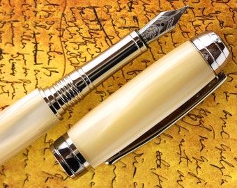 Fountain Pen - Handmade & Engravable Ivory Pearl Body with Black Titanium Accents - Bock Stainless Steel Size 5 Nib