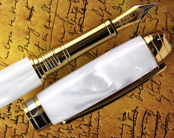 Fountain Pen - Handmade & Engravable Pearl Wedding White Acrylic - Beaufort 23K Gold Plated Size 5 Nib