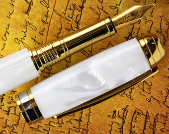 Fountain Pen - Handmade & Engravable Pearl White Wedding White Acrylic - Bock 23K Gold Plated Size 5 Nib