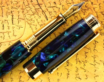 Fountain Pen - Engravable & Handmade Vintage  Italian Mazzucchelli Sogno Zaffiro Ceblox - Beaufort 23k Gold plated Bi-metal Size 5 Nib