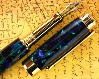 Fountain Pen - Handmade & Engraveable Vintage Italian Mazzucchelli Sogno Zaffiro - Beaufort 23k Gold plated Bi-metal Size 5 Nib
