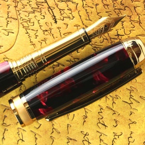 Fountain Pen - Handmade & Engravable Vintage English Erinoid Black and Red Impero - Bock 18K Solid Gold Size 5 Nib