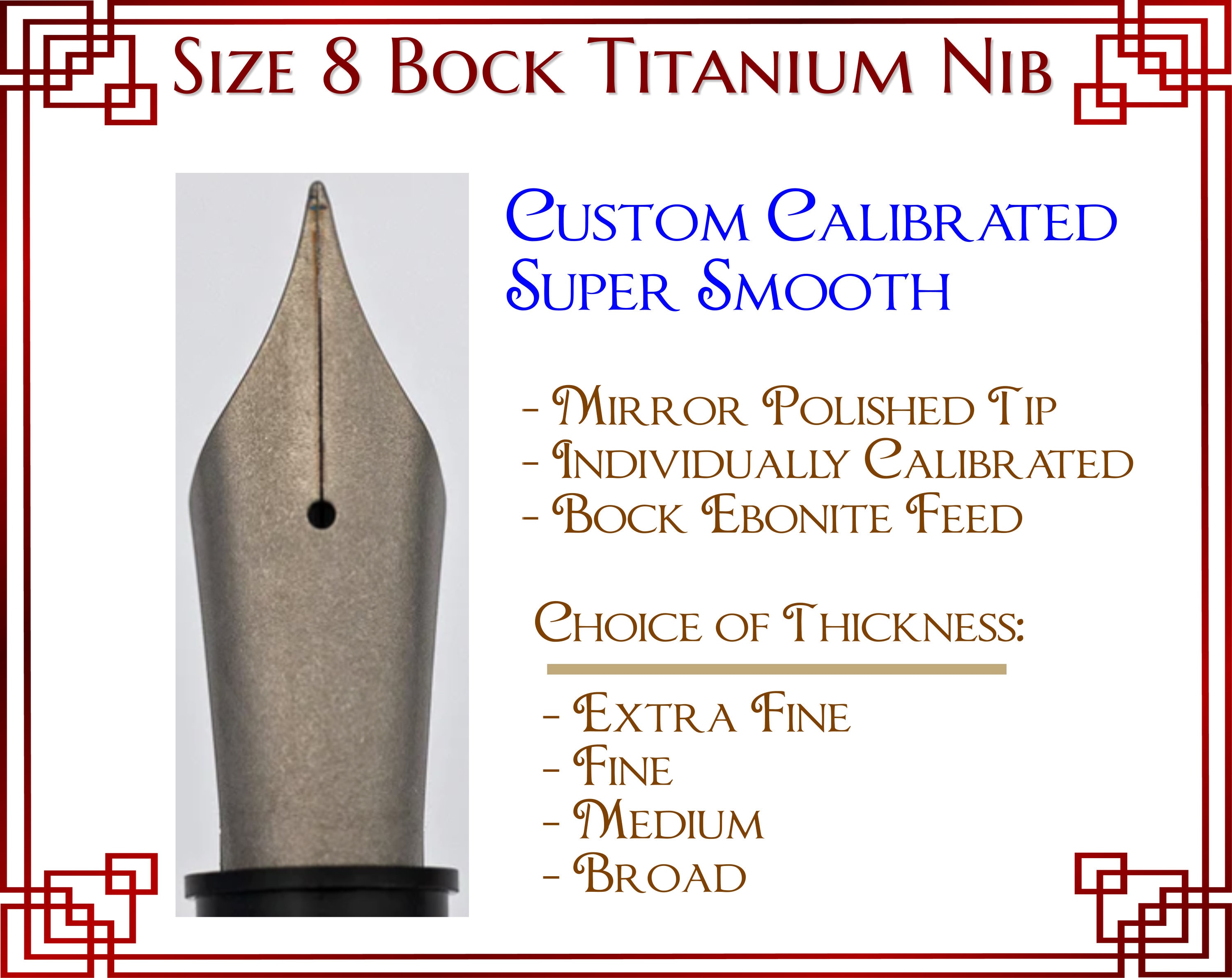 Size 8 Bock Plain Titanium Fountain Pen Nib - Hand Calibrated with hand Polished Tip - Ebonite Feed & Housing