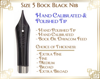 Pluma estilográfica lacada en negro Bock tamaño 5 con alimentador y carcasa, calibrada y pulida a mano