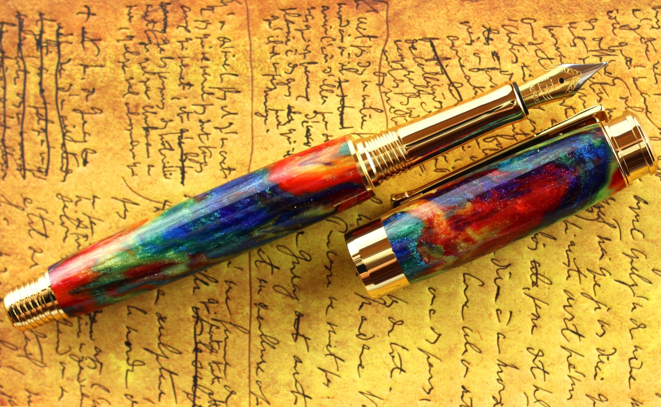 Fountain Pen - Handmade & Engravable Rainbow Diamond Cast Body with real tiny Diamonds - Beaufort 23K Gold plated Bi-metal Size 5 Nib