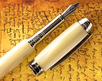 Calligraphy Fountain Pen - Handmade & Engravable Kirinite Ivory Pearl Body - Bock 1.1mm Stainless Steel Stub Size 5 Calligraphy Nib