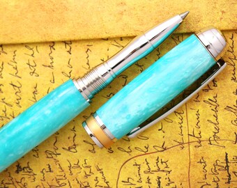 Rollerball Pen - Engravable & Handmade Kirinite Turquoise Blue Acrylic
